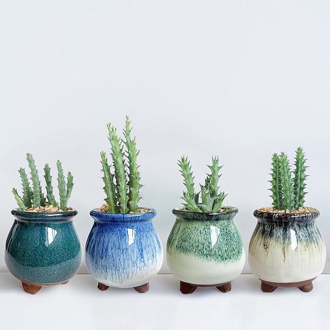 3 inch Glaze Handcraft Ceramic Pot Set, Tiny Cactus Planter with Drainage, Mini Cactus Pots Desk Shelf Decor, Cute Set of 4 Succulent Planter Pots