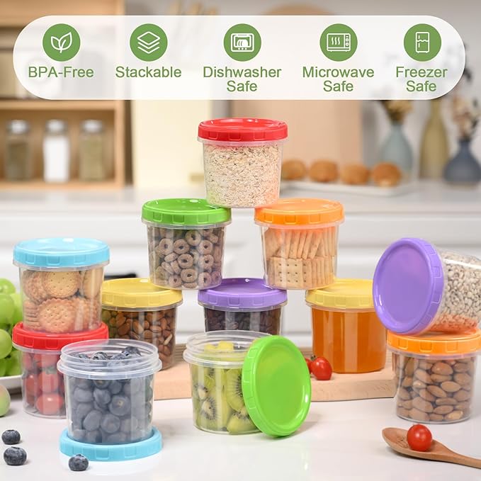 10 oz Plastic Containers with Lids, 6 Pack Stackable Small Freezer Container, Reusable Clear Food Storage Meal Prep Containers for Snack Fruit, Microwave & Dishwasher Safe, with Pen & Brush
