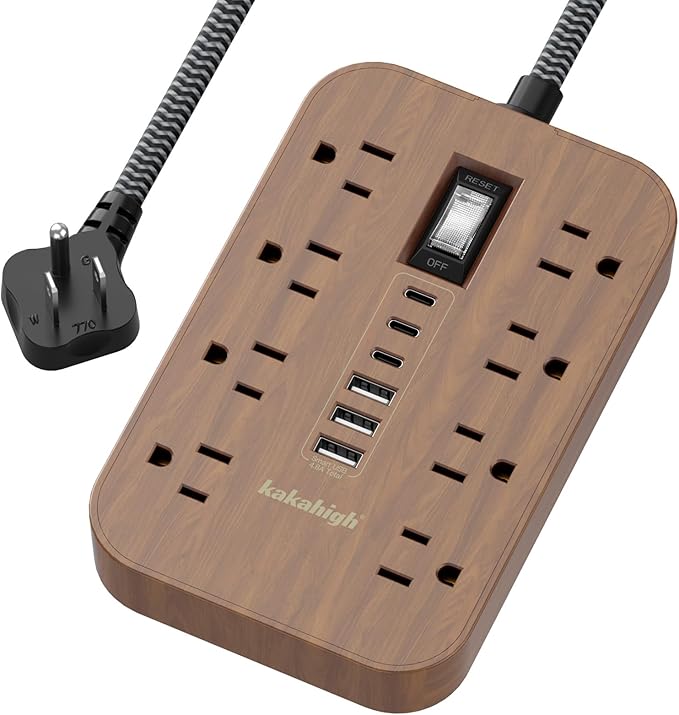 Walnut Power Strip with USB Ports - 10 FT Wood Power Strip, 1625W Decorative Extension Cord with 6 AC Outlet 3 USB, for Brown Tan Wood Walnut Grain Aesthetic Vintage Rustic Desk Accessories Decor