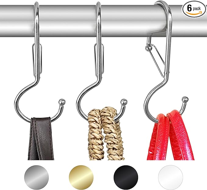 6 Purse Hanger for Closet. Tote Hanger. S-Shaped Hooks S Hooks Twist Design. Anti Drop S-Shaped Hook for hanging handbags with Safety Buckle to Prevent Falls. Heavy Duty. (Silver, Twisted)