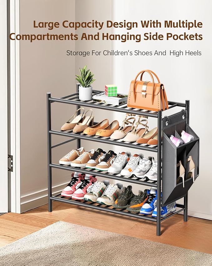 Bamboo Shoe Rack for Closet Small Wooden Shoe Organizer with Pouch, Sturdy Wood Shoe Shelf for Front Door Entrance Entryway and Outdoor, 26 inch Wide (Black, 4-Tier)