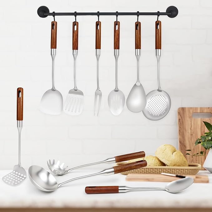 Stainless Steel Kitchen Utensils Set with Wood Handle,10PCS Metal Cooking Utensils Set, Stainless Steel Cooking Utensils Sets Heat Resistant Wok Tools(12-15in)