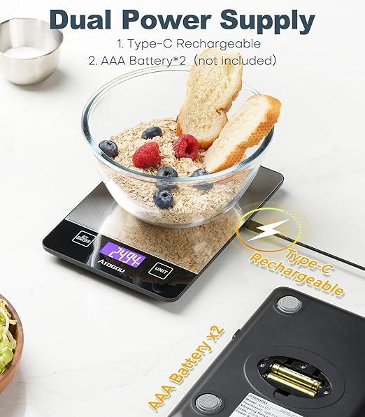 Atogou 33lb Food Scale, Rechargeable Kitchen Scale with Full-View Backlit LCD Display, Stainless Steel Surface, Type-C Charging or AAA Batteries (not Included), for Baking, Cooking, Food, Meal Prep