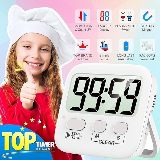 Antonki 2 Pack Digital Timer for Kids, Magnetic Countdown Kitchen Timers for Cooking, Egg, Classroom, Teacher, Exercise, Study, Oven - Battery Included