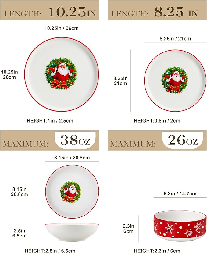 MALACASA Plates and Bowls Sets, 24 Pieces Christmas Porcelain Dinnerware Set for 6, Ceramic Dishware Dishes White Kitchen Dinner Dining Ware Set, Microwave and Dishwasher Safe, Series LUNA-Santa Claus
