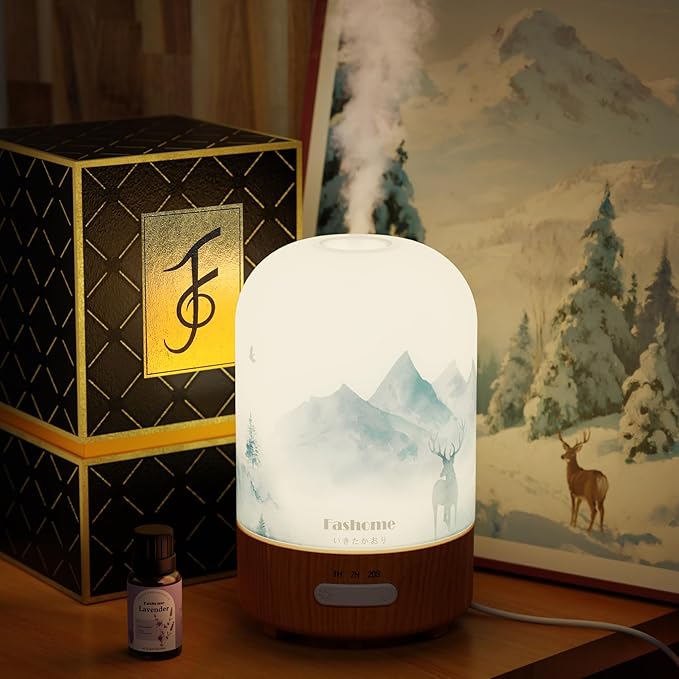 Essential Oil Diffuser Hand Blown Glass, 100ml Small Aromatherapy Diffuser, Auto Shut-Off Function, Ultrasonic Diffusers for Essential Oils, Cool Mist Humidifier with Warm White Lights (Lavender)