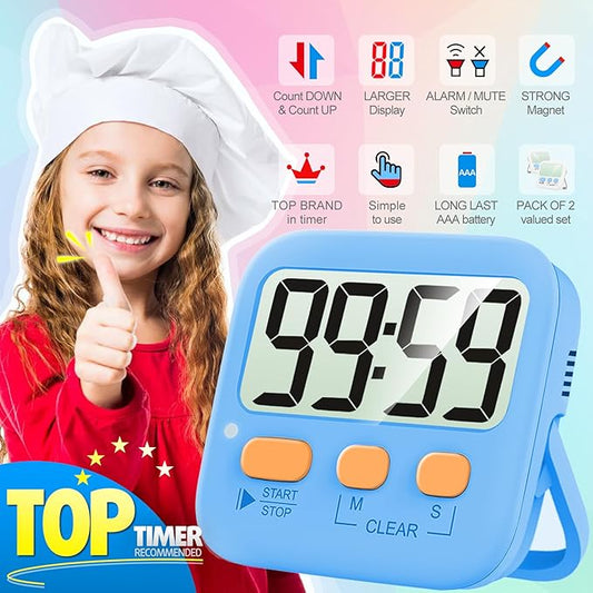 Antonki 2 Pack Digital Timer for Kids, Magnetic Countdown Kitchen Timers for Cooking, Egg, Classroom, Teacher, Exercise, Study, Oven - Battery Included