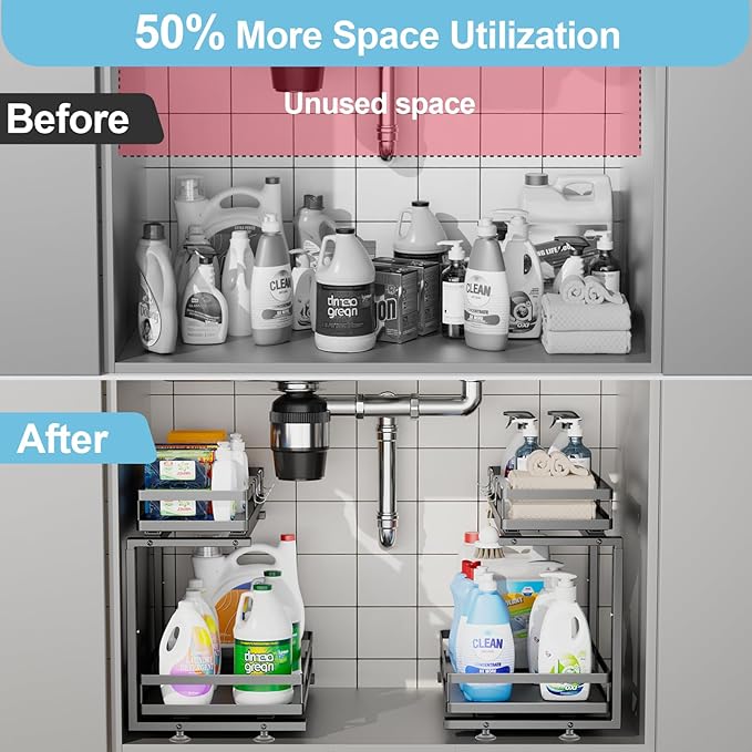 Under Sink Organizer, JCYLQ Dual-Rail Ball-Bearing, Under Kitchen Sink Organizer, 6-Level Adjustable, Under Cabinet Storage, No-Drill Adhesive/Suction, Under Sink Organizers and Storage (1-Pack)