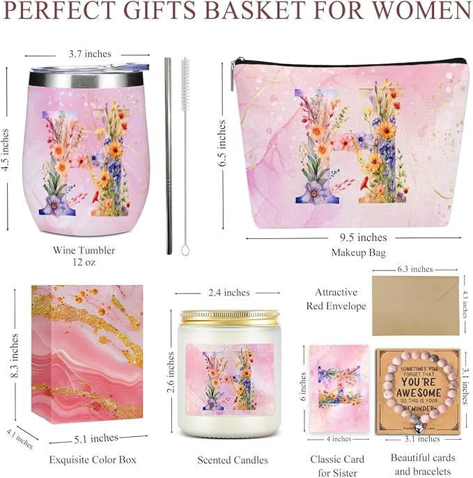 Personalized Gifts Monogrammed Birthday Gifts for Women, Bridesmaid Bachelorette Party Christmas Initial Wine Tumbler Makeup Bag Scented Candle Bracelet Set, (Aesthetic Pink Flower H)