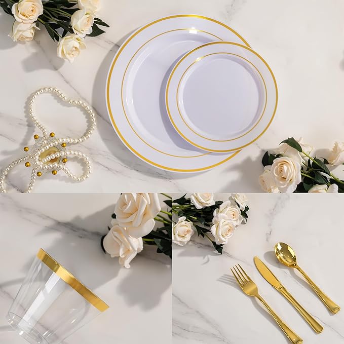 WELLIFE 450 PCS Gold Disposable Dinnerware Set for 75 Guests, 75 Each-Dinner & Salad Plates,Cups, Forks, Knives, Spoons for Wedding and Party Supplies