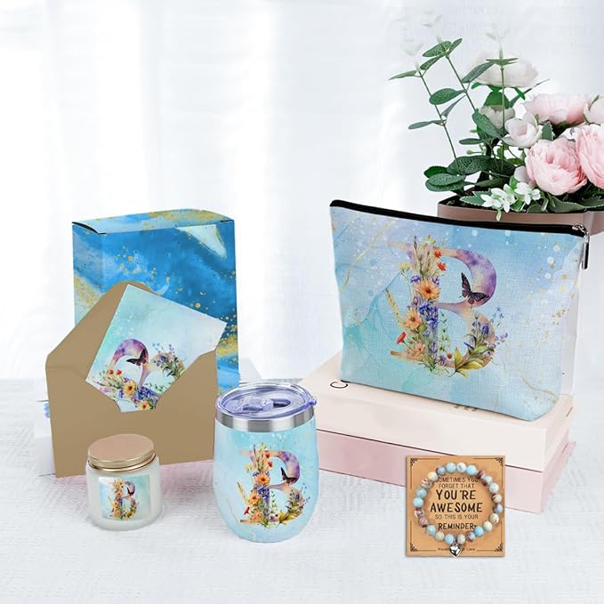 Personalized Gifts Monogrammed Birthday Gifts for Women, Sister Cowerker Mom Boss Day Christmas Appreciation Initial Wine Tumbler Makeup Bag Scented Candle Bracelet Set, (Aesthetic Blue Flower B)