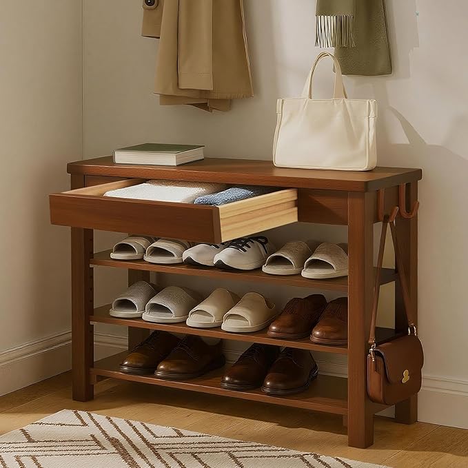 Shoe Storage Bench Wood Entryway: Shoe Rack Bench with Drawer 3-Tiers Height Adjustable,Rustic Wooden Organizer for Front Door Entrance Hallway Living Room,Mudrooms (Walnut 3-Tiers, 31.5")