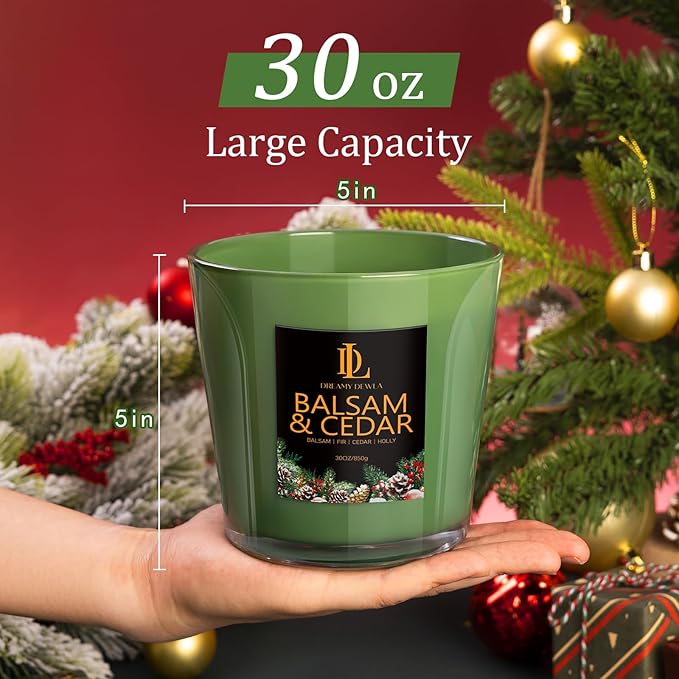 Large Christmas Candle Balsam & Cedar Scented, 4 Wick Natural Soy Candles for Home Scented, 30oz Big Holiday Candle Long Lasting, Aromatherapy Candles Christmas Gifts for Women Men
