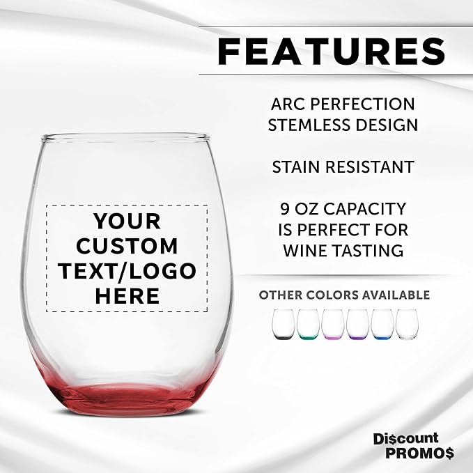 DISCOUNT PROMOS Custom Stemless Wine Glass 9 oz. Set of 10/50/100, Personalized Bulk Pack - Great for Wedding Favors, Bachelorette Party Decorations, Party Favors - Red
