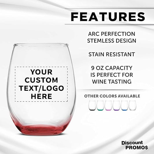 DISCOUNT PROMOS Custom Stemless Wine Glass 9 oz. Set of 10/50/100, Personalized Bulk Pack - Great for Wedding Favors, Bachelorette Party Decorations, Party Favors - Red