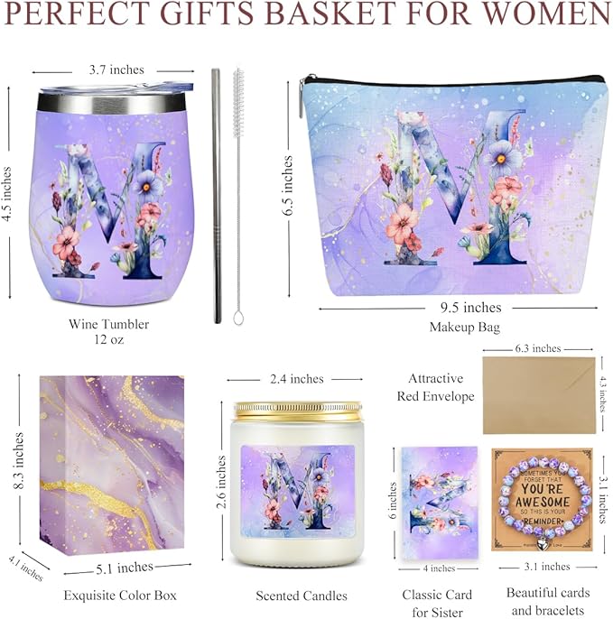 Personalized Gifts Monogrammed Birthday Gifts for Women, Her, Teacher Mother in Law Wedding Christmas Initial Wine Tumbler Makeup Bag Scented Candle Bracelet Set, (Aesthetic Purple Flower M)