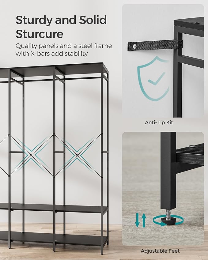 SONGMICS Clothes Rack, Iron and Wood Wardrobe Closet Organizer, Heavy Duty Garment Rack with Hanging Rods, Closet Shelves, Removable Hooks, 15.7 x 55.5 x 70.9 Inches, Ebony Black URGR005B56