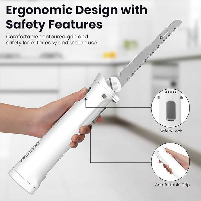 DUSSAL Cordless Electric Knife Rechargeable, Electric Carving Knife, 4 Stainless Steel Blades, Safety Lock Switch, Blade Release Buttons, Cutting Meats, Poultry, Bread, Cheese & More (White)