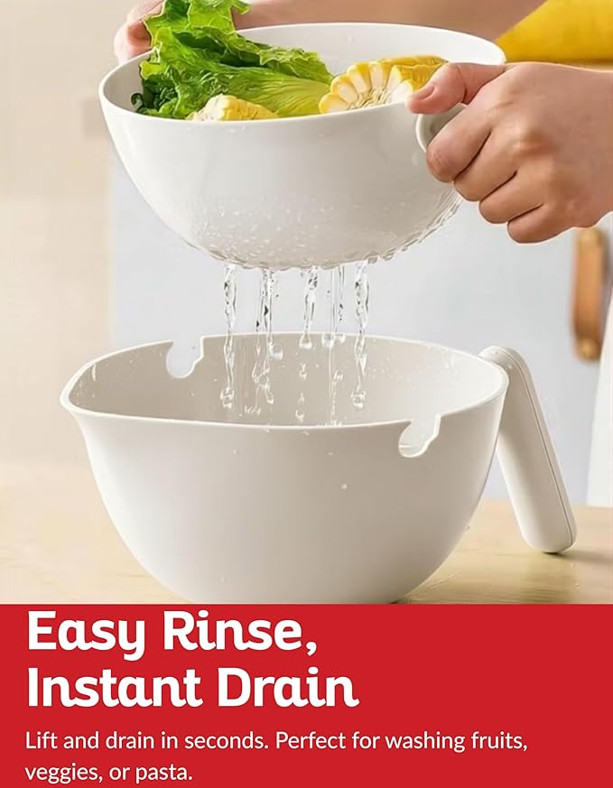 Multi Functional Draining Basket – Double Layer Colander & Bowl for Pasta, Fruits & Vegetables – Durable BPA-Free, Dishwasher Safe (Milky White).