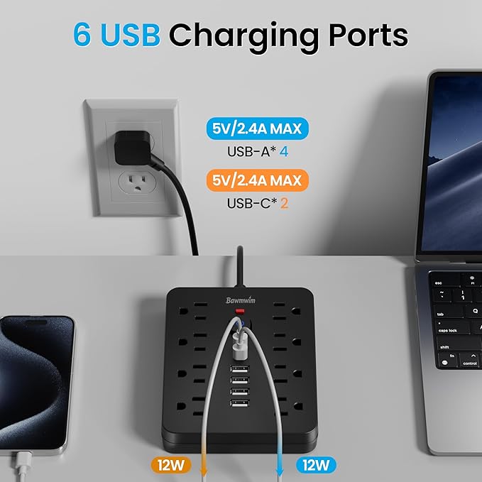 Surge Protector Power Strip, 8 Outlets(1250W/10A), 6 USB Charging Ports(2 USB C), 10FT Flat Plug Extension Cord Outlet Extender with Overload Protection, ETL Certified for Office, Dorm Room