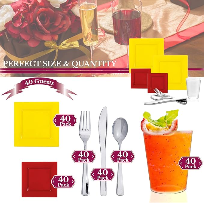 Elegant Disposable Plastic Dinnerware Set, Heavy Duty Plastic Plates (Yellow and Red, Wedding Value Set (40 Guests))