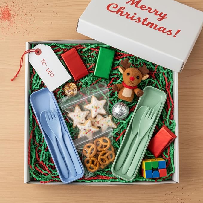 Lasnten 200 Set Reusable Utensils Set with Case Wheat Straw Utensils for Christmas Operation Bulk Items, Plastic Portable Spoon Knives Fork Bulk for Charities Nurseries Christmas Shoe Box Gift Project