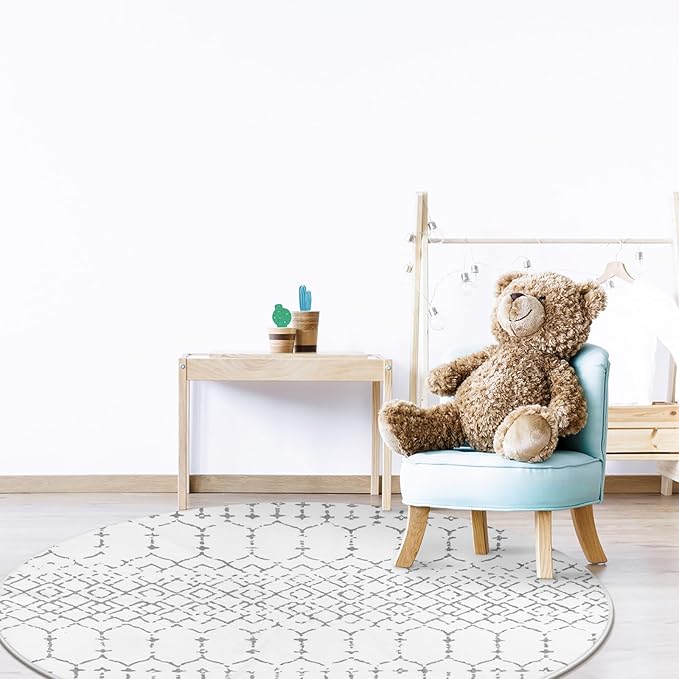Lahome Moroccan Round Rugs - 4Ft Washable Non-Slip Small Round Area Rug for Bedroom Soft White Low-Pile Round Throw Rug, Modern Geometric Print Indoor Circle Rugs for Kitchen Living Room Sofa Nursery