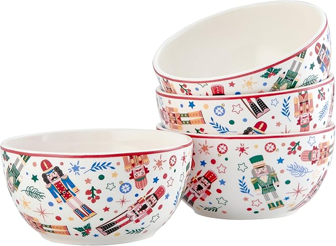 Bico Christmas Soldier Cereal Bowls Set of 4, 26 oz Deep Ceramic Soup Bowls for Cereal, Salad, Noodles, Kitchen, Microwave and Dishwasher Safe, Gift for Housewarming and Thanksgiving
