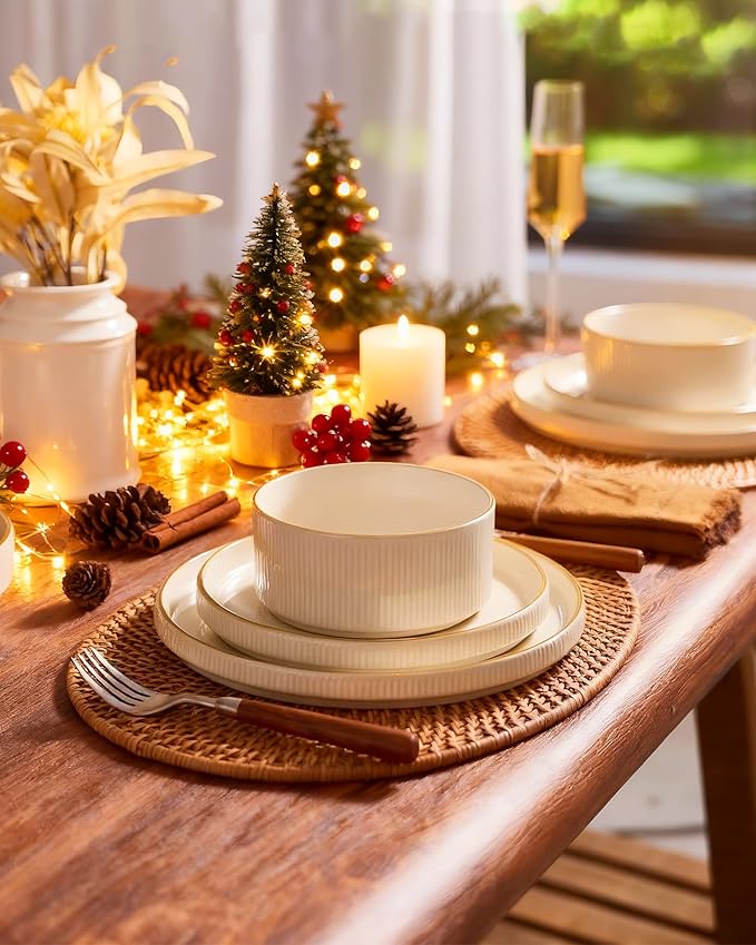 Famiware Star Dinnerware Set with Mugs, Service for 4 (16pcs), Ribbed Stoneware Plates and Bowls Dishes Sets with Trim - Chip & Scratch Resistant, Microwave & Dishwasher Safe, White