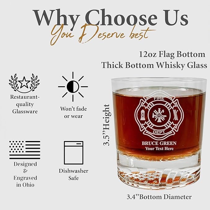 Personalized Firefighter Whiskey Glass, Fathers day gift for dad, Custom Name & Text, Etched Fire Dept Whiskey Glass, 12oz Engraved American Flag Glassware, Fireman Gift, Firefighter Gifts for Men