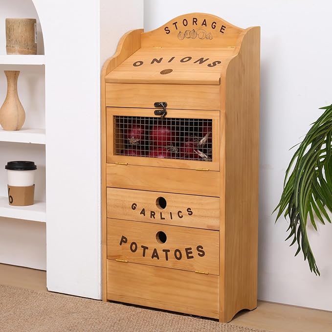 Potato Bin Veggie Organizer Rustic Pine Wood Potato, Onion & Garlic Storage Bin | Kitchen Organizer | Solid Wood Veggie Box | Compact Kitchen Box (13.77" L x 7.1" W x 29.3" H)