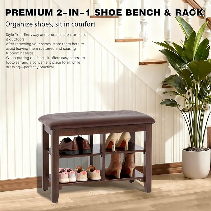 PY HOME & SPORTS Shoe Rack for Entryway 23.6": 2-Tier Shoe Storage Bench, Adjustable/Removable Shelves, Rubberwood Shoe Benches for Hallway, Porch, Bathroom, Brown
