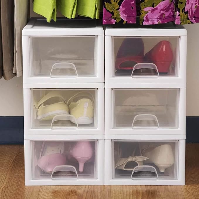 Sterilite 24-Pack 6 Quart Stacking Drawer, Clear Storage Closet Organizer, White Frame - Stackable Modular Plastic Drawers for Clothes, Accessories, Craft Supplies, Shoes or Linens