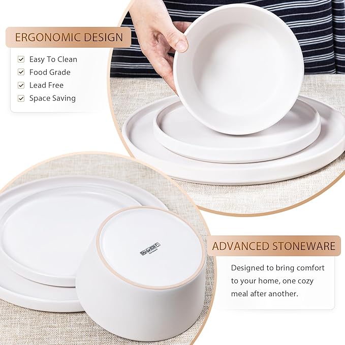 Dinnerware Sets for 4 - CJDC-QUELO 12-Piece Stoneware Plates and Bowls Sets, Ceramic Dishware Sets for Kitchen Use and Formal Dining, Chip and Scratch Resistant Microwave Dishwasher Safe, White