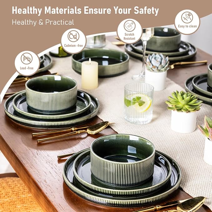 GBHOME Stoneware Dinnerware Sets for 4,Round Reactive Glaze Ceramic Plates and Bowls Set,Highly Scratch Resistant | Dishwasher & Microwave Safe Dishes Set,Service for 4(12Pcs),Earth Green