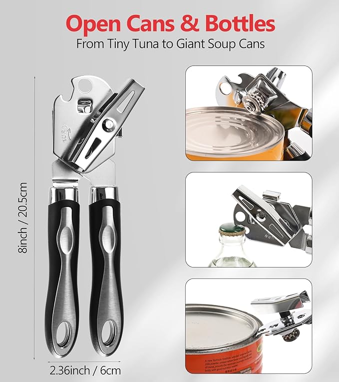 Ugotit Stainless Steel Manual Can Opener with Bottle Opener- Smooth Edge Handheld Heavy Duty Opener for Seniors & Camping, Multifunctional Kitchen Tool, Magnetic Lid Remover, Safe Cut
