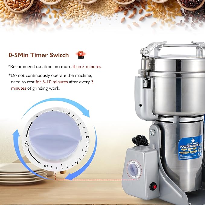 MAGIC MASTER 1000g Grain Mill, High Speed Electric Grinder, Stainless Steel Dry Grinder Machine For Flour, Wheat, Nut, Corn, Rice, Pepper, Herbs, Coffee Beans, Swing, 110V