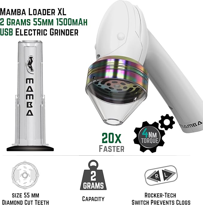 Mamba Loader XL 2g White USB Electric Herb Grinder. Small Portable Metal Herbal Machine & Spice Mill for the Kitchen