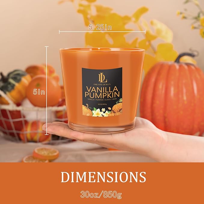 Large Fall Candle Vanilla Pumpkin Scented, 4 Wick Natural Soy Candles for Home Scented, 30oz Big Autumn Candle Long Lasting, Home Aromatherapy Candles Housewarming Gift for Women Men