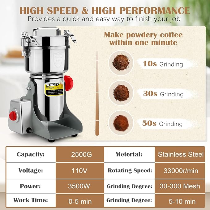 2500G Electric Grain Grinder Mill, 3500W Swing-Type 304 Dry Cereals Pulverizer Makes Dry Goods, Spices, Coffee, Pepper, Etc., Commercial 110V High-speed Superfine Machine (2500G Swing Type)