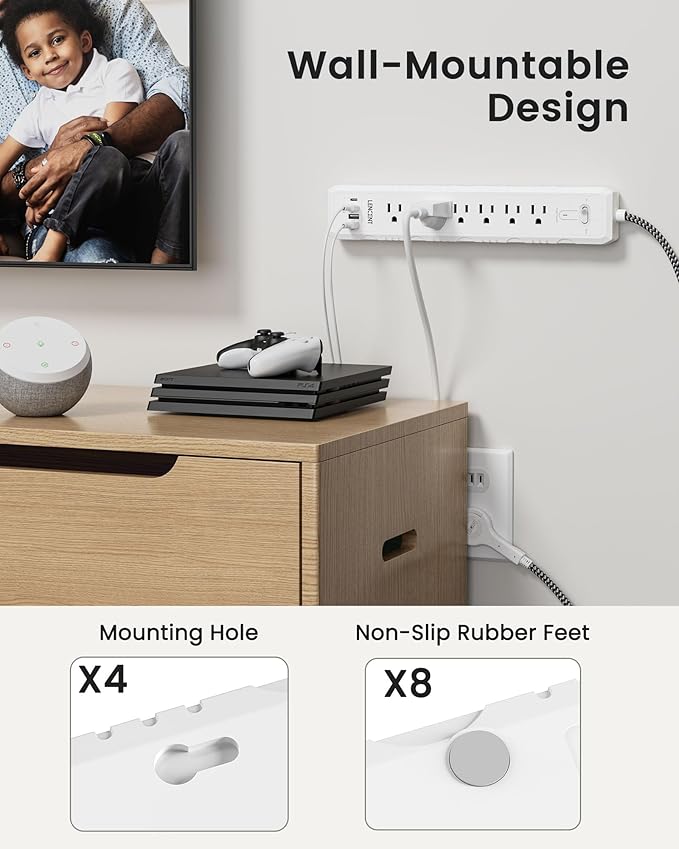 2 Prong to 3 Prong Outlet Adapter, LENCENT 2 Prong Power Strip, 1050J 2 Prong Flat Plug Surge Protector, 6ft Extension Cord, 6 AC Outlets & 4 USB(1 Type-C), Ideal for Non-Grounded Outlets