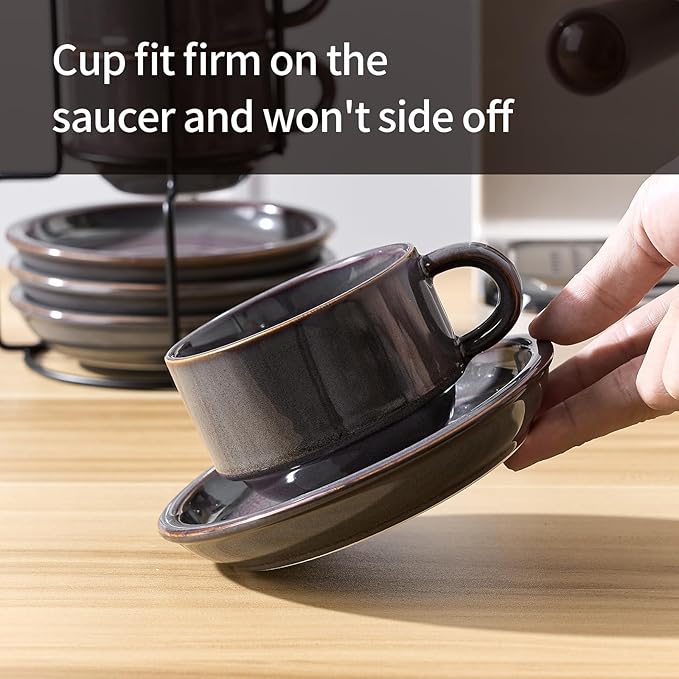 JIEMEI HOME Porcelain Stackable Cappuccino Cups with Saucers and Metal Stand, 7 Ounce Espresso Cups for Latte Coffee Cafe, Specialty Coffee Drinks, Cappuccino and Tea - Set of 4, Purple-Gray