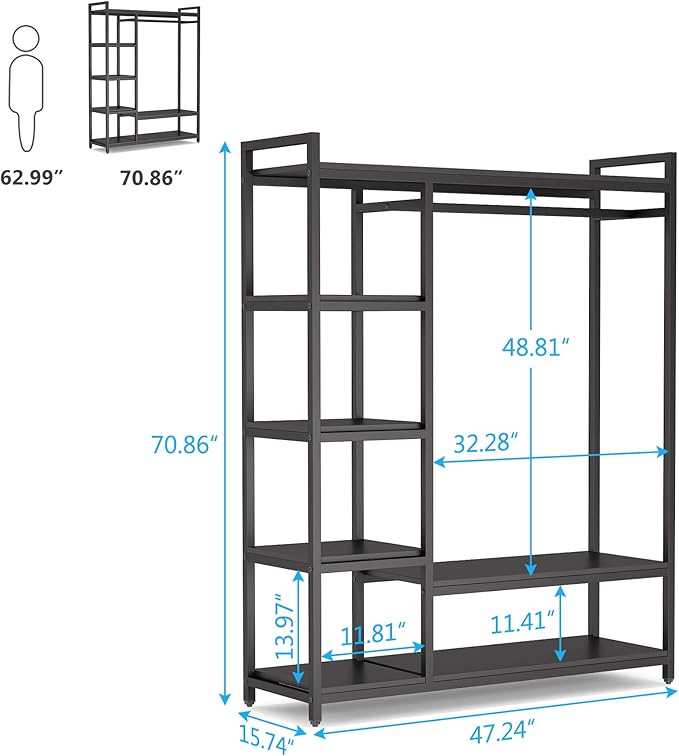 Tribesigns Free-standing Closet Organizer with 6 Storage Shelves and Hanging Bar, Large Standing Clothes Garment Rack（Black）