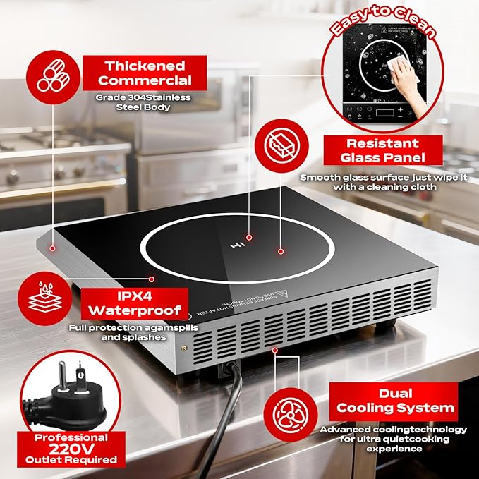 3500W Commercial Induction Cooktop, 220V Countertop Burner with 10 Power Levels, 5 Quick-Temp Modes, Timer & LED Display, Portable Induction Hot Plate for Restaurant Kitchen Hotel Catering