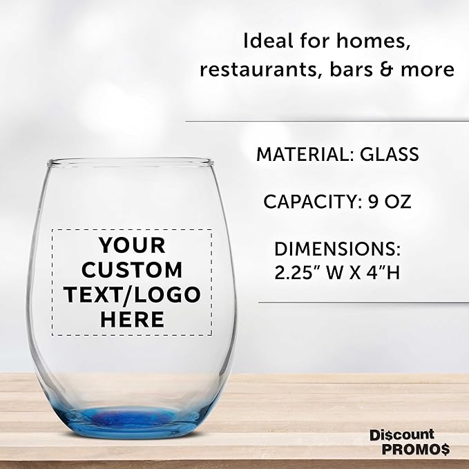 DISCOUNT PROMOS Custom Stemless Wine Glass 9 oz. Set of 10/50/100, Personalized Bulk Pack - Great for Wedding Favors, Bachelorette Party Decorations, Party Favors - Blue
