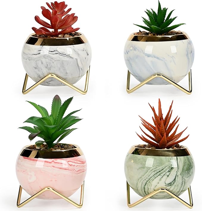 Simcat Succulent Pots with Drainage and Stands Mini Ceramic Flower Pot 4 Cactus Planter Pots Modern Round Succulent Plant Pots for Home Office Desktop Windowsill Décor (Patterned,4)