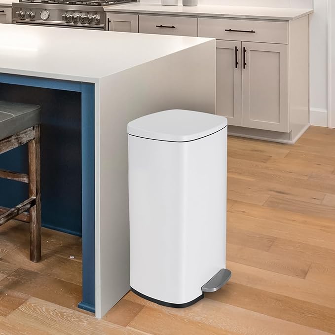 8 Gal Kitchen Trash Can, 30L Recycling or Garbage Bin, Brushed Stainless Steel Waste Basket, Soft&Quiet Close Dustbin, with Step-On Pedal, Removable Inner Bucket, for Home, Office, Living Room