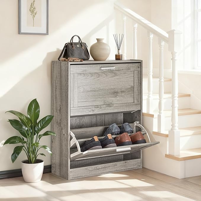 Shoe Cabinet for Entryway, 2-Tier Flip Drawer Shoe Storage Cabinet with Dividers, Shoe Organizer for Small Spaces, Narrow Shoe Rack, Slim Shoe Rack Freestanding, Grey, HUS-FSR137