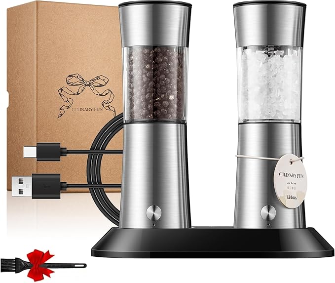Electric Salt and Pepper Grinder Set, Gravity Operated, USB-C Rechargeable & Charging Base, Stainless Steel, Dual LED Guiding Lights, Comfortable Grip, Adjustable Coarseness, Perfect for Kitchen