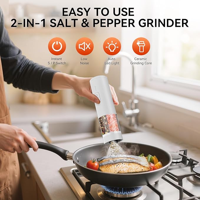 2 in 1 Electric Salt and Pepper Grinder Set, USB Rechargeable, Automatic Salt and Pepper Mill Shakers with Battery Display, LED Light, Adjustable Coarseness(White)